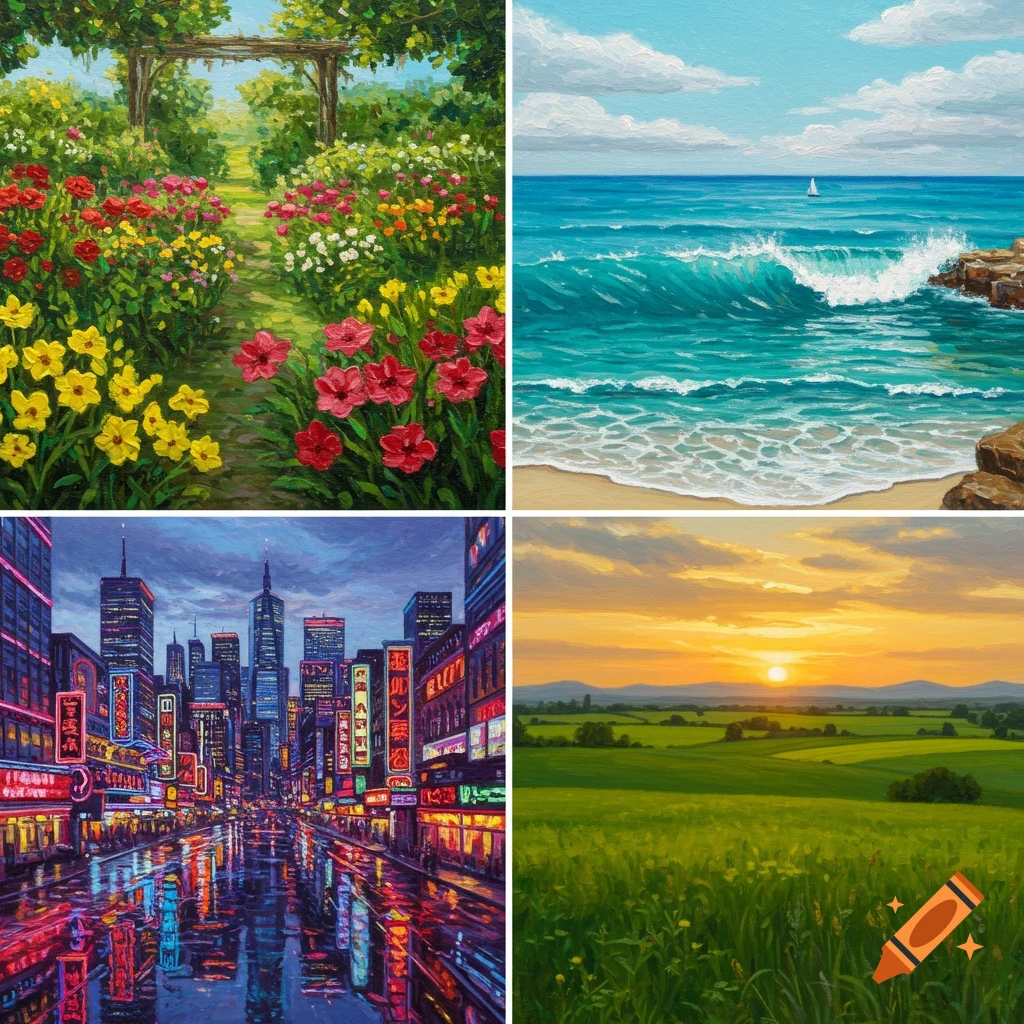 A four-pane image featuring different oil paintings: a vibrant flower garden with a path, a sunny beach with a turquoise wave, a neon-lit rainy city street at night, and a green countryside at sunset.