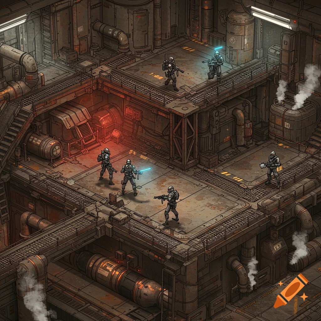 Isometric view of sci-fi soldiers in a gritty, industrial battle map.
