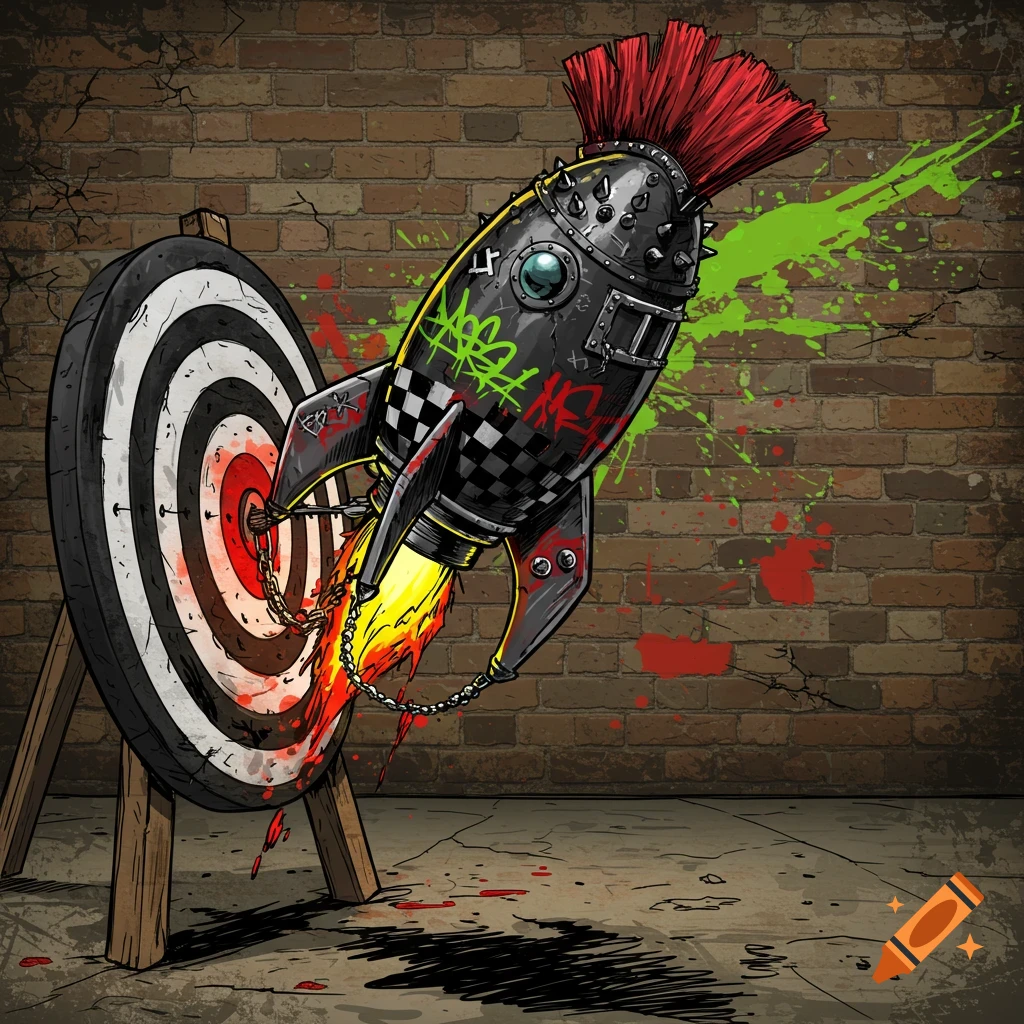 A stylized punk rock rocket with a red mohawk, spikes, and chains, crashed into a bullseye target, against a graffiti-splattered brick wall.