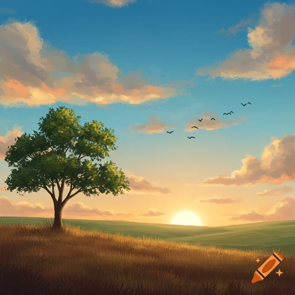 A lone tree stands on a grassy hill with a vibrant sunset and clouds in the sky, birds flying.
