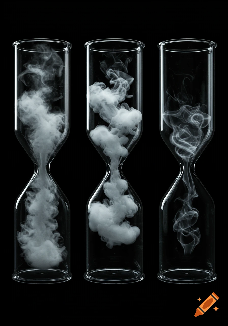 Three clear glass hourglass tubes on a black background, each filled with white smoke of varying density.