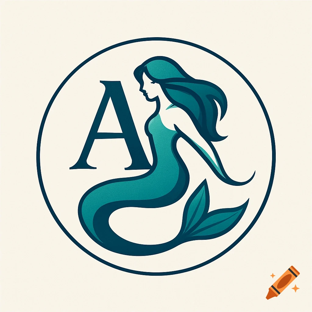 A round logo featuring a teal and dark blue mermaid with flowing hair and tail, intertwined with a large capital letter A, on a light cream background.