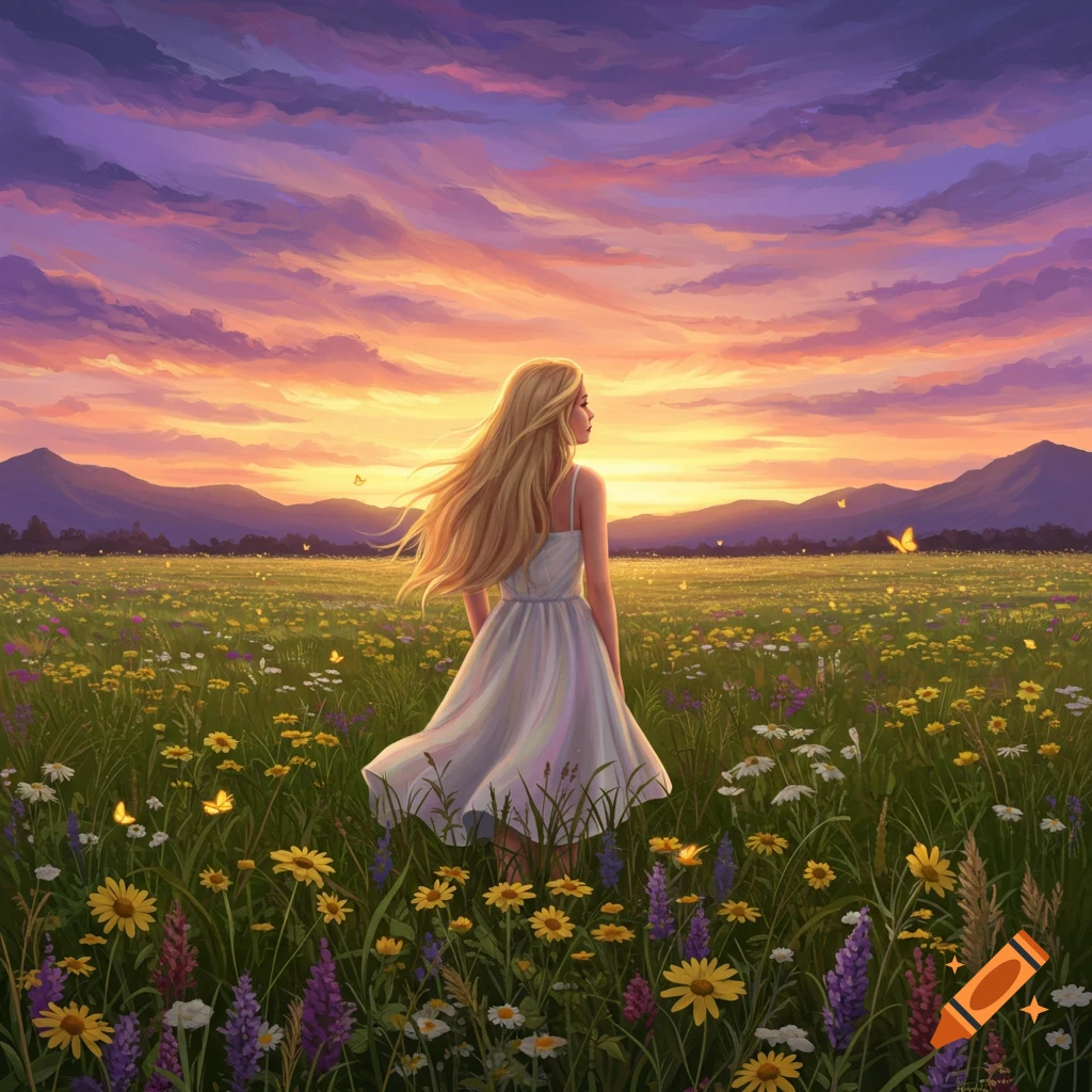A blonde girl in a white dress stands in a field of colorful wildflowers, looking towards a vibrant sunset over mountains.