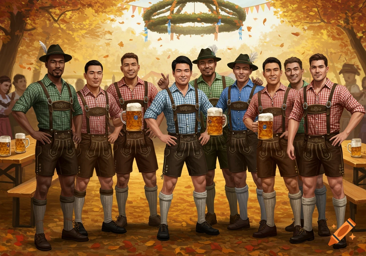 A group of ethnically diverse men in lederhosen holding beer steins at an outdoor autumn festival.