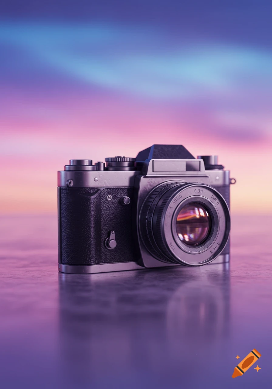 A vintage camera with a black body and silver accents, featuring a prominent lens, sits on a reflective surface against a vibrant, blurred pink, blue, and purple background.
