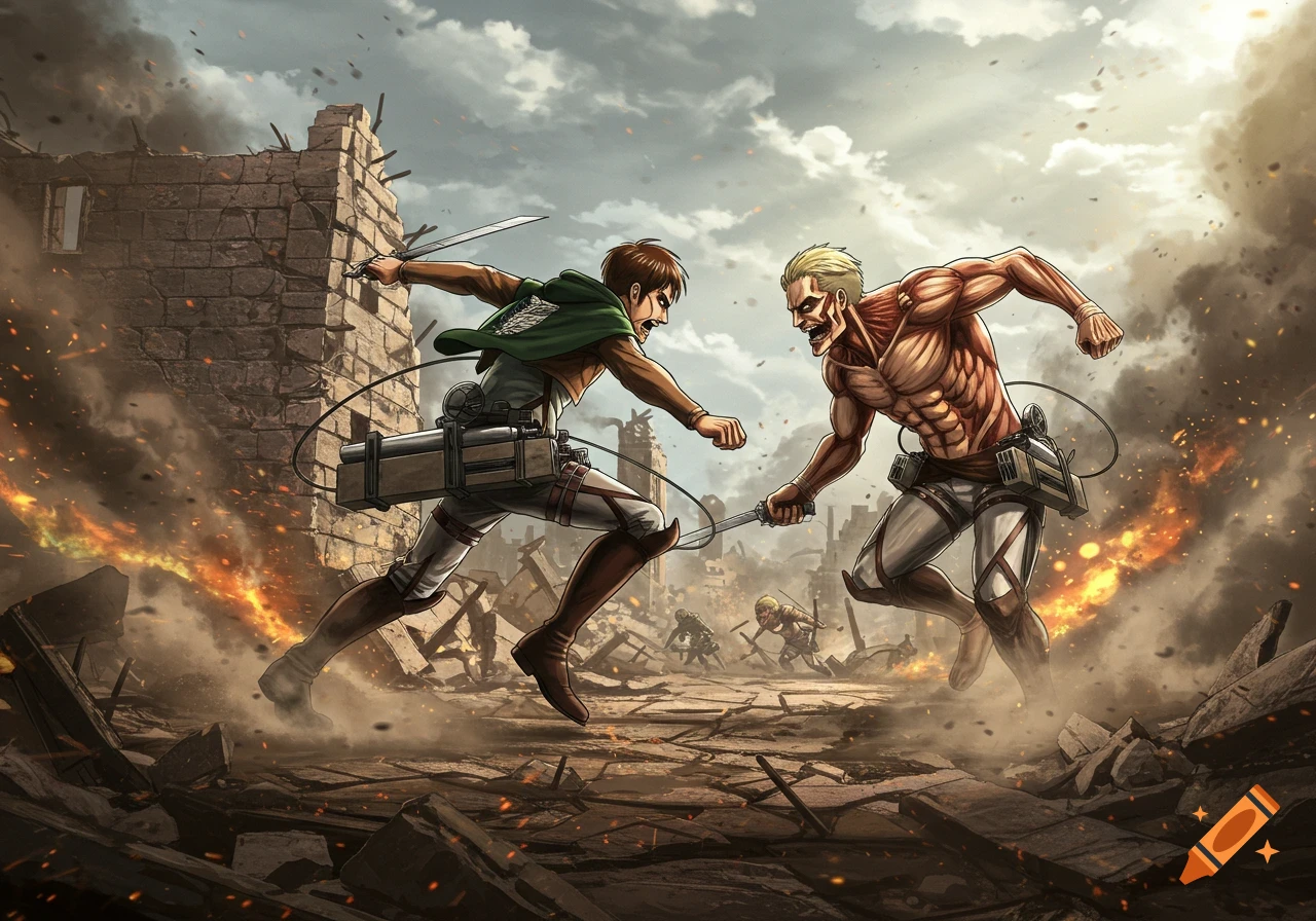 Anime-style illustration of Eren and Reiner from Attack on Titan fighting in a ruined city.