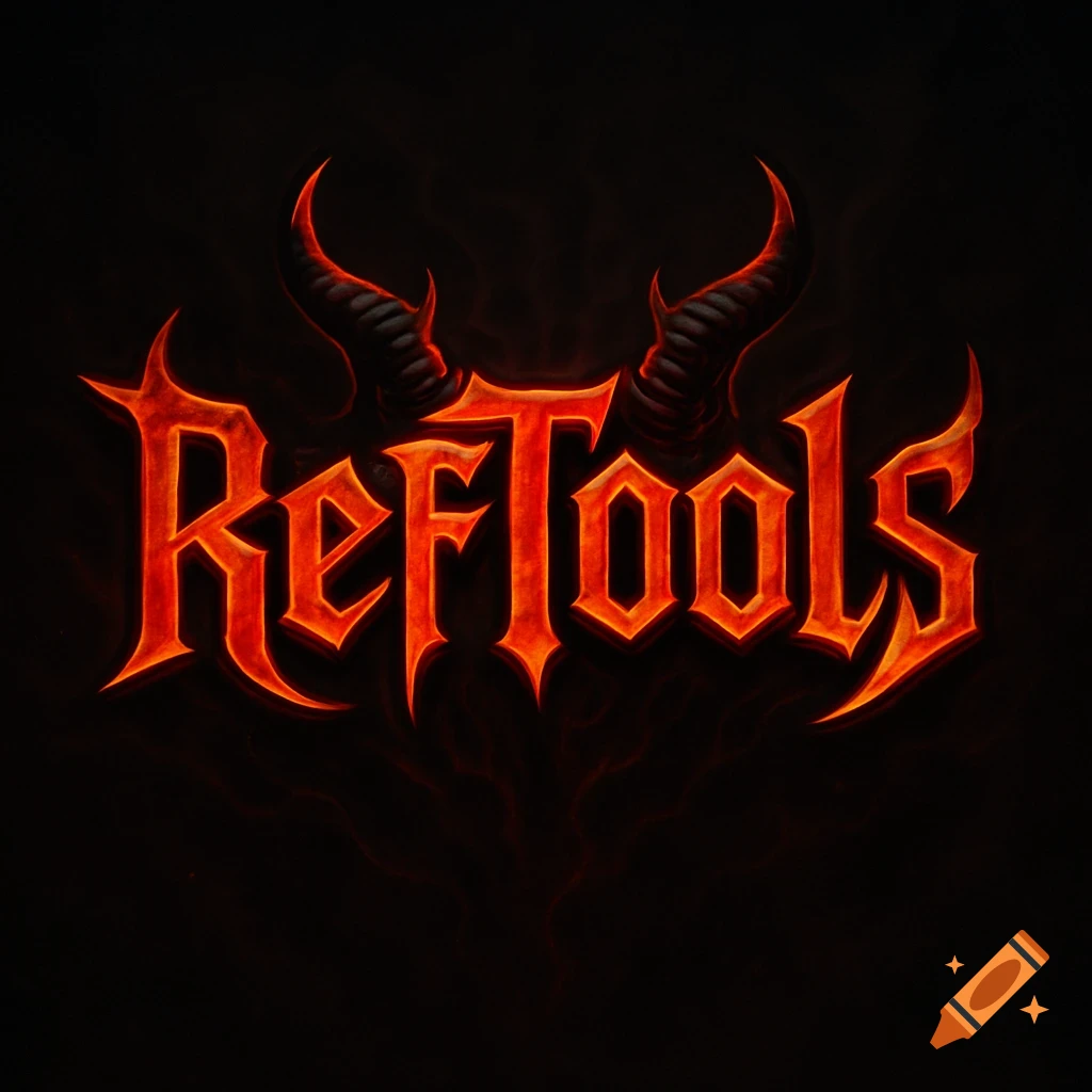 A demon-style logo featuring fiery red text that reads 'RefTools' with two dark, curved horns above it, all set against a black background.