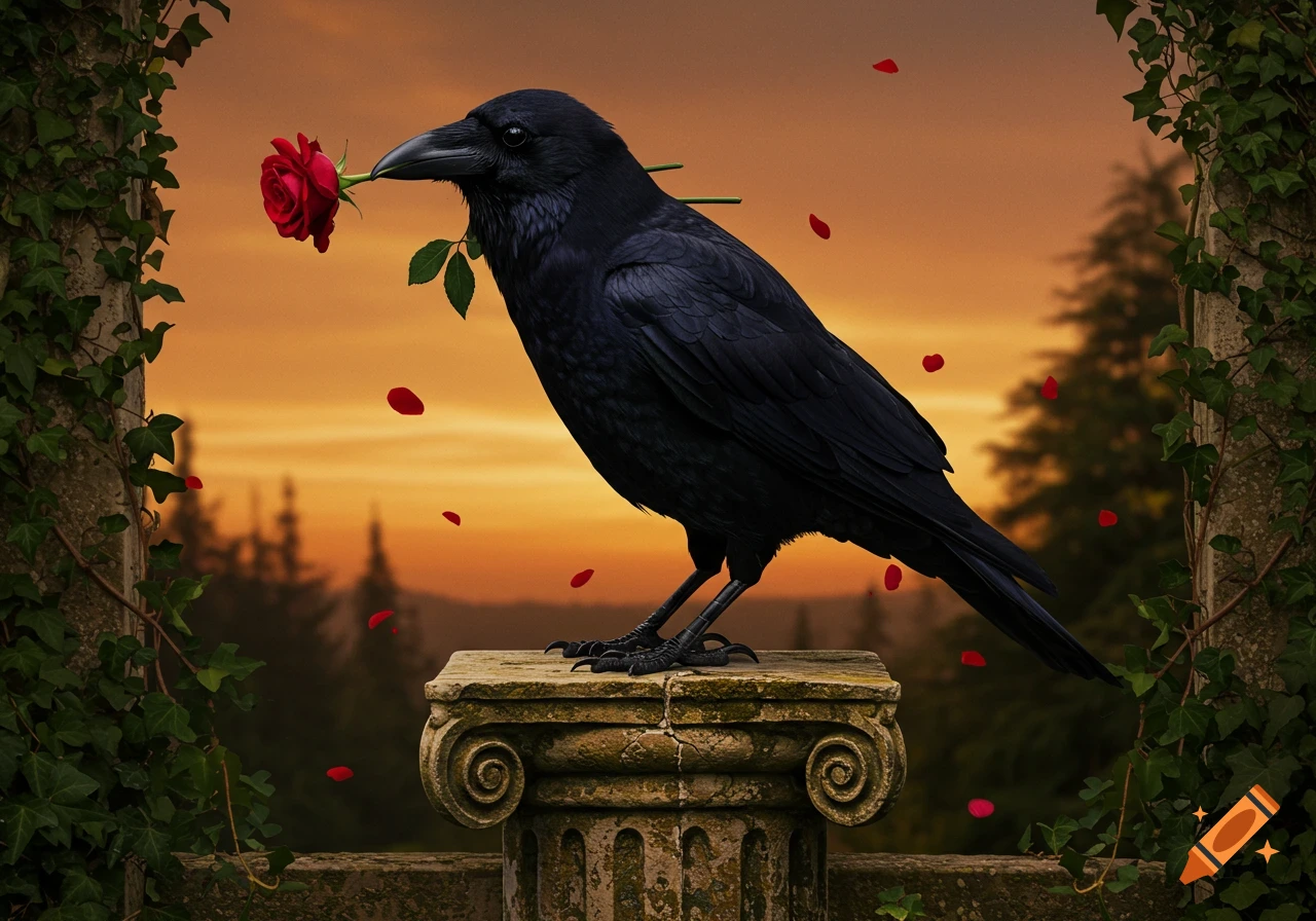 A black crow holds a red rose in its beak, standing on a stone pedestal with falling petals and a sunset background.