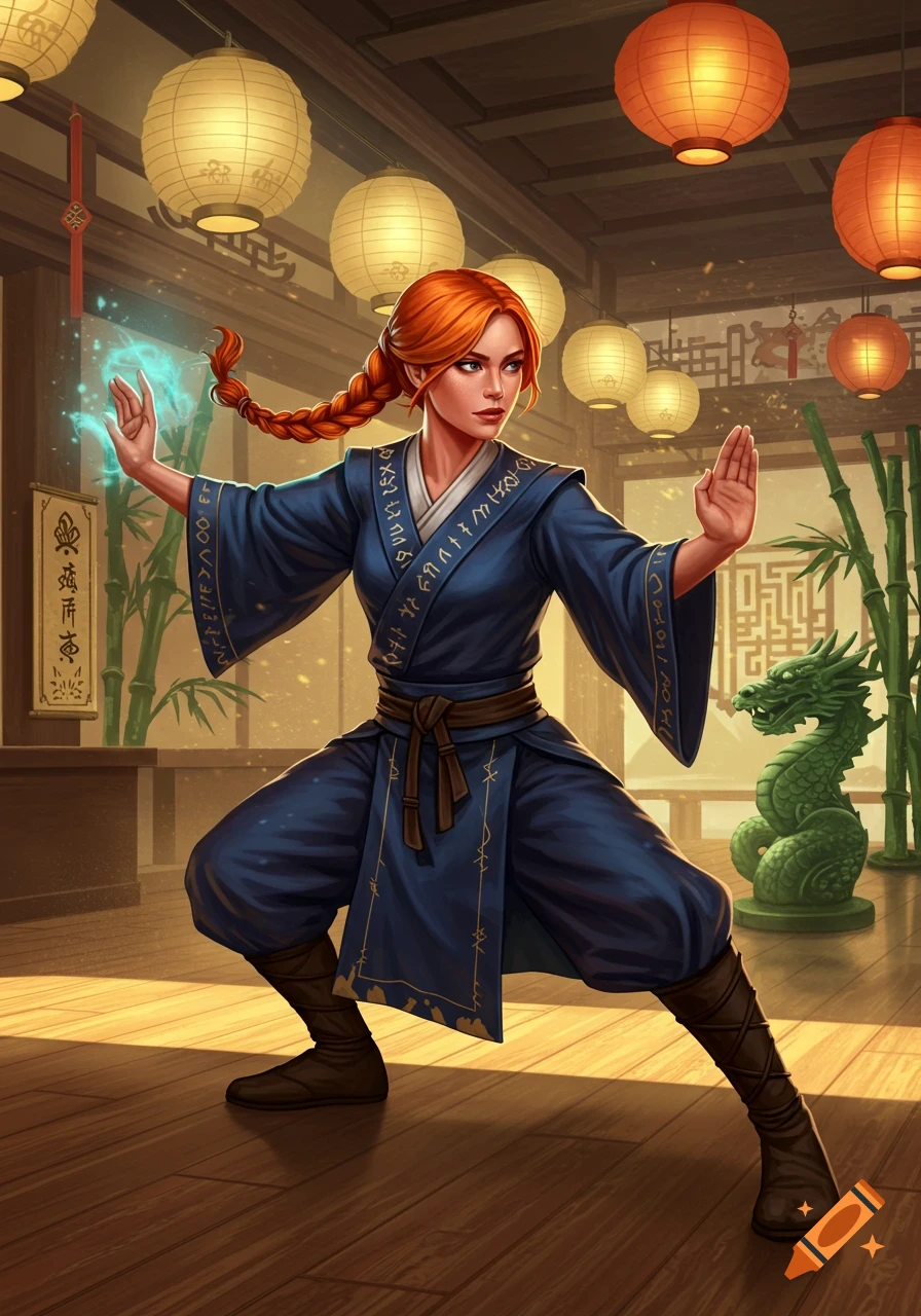 A red-haired woman in a blue martial arts uniform poses in a dojo with lanterns and bamboo, casting a magical glow.