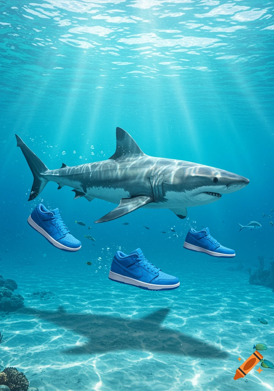 A great white shark swims underwater, surrounded by three floating blue Nike sneakers.