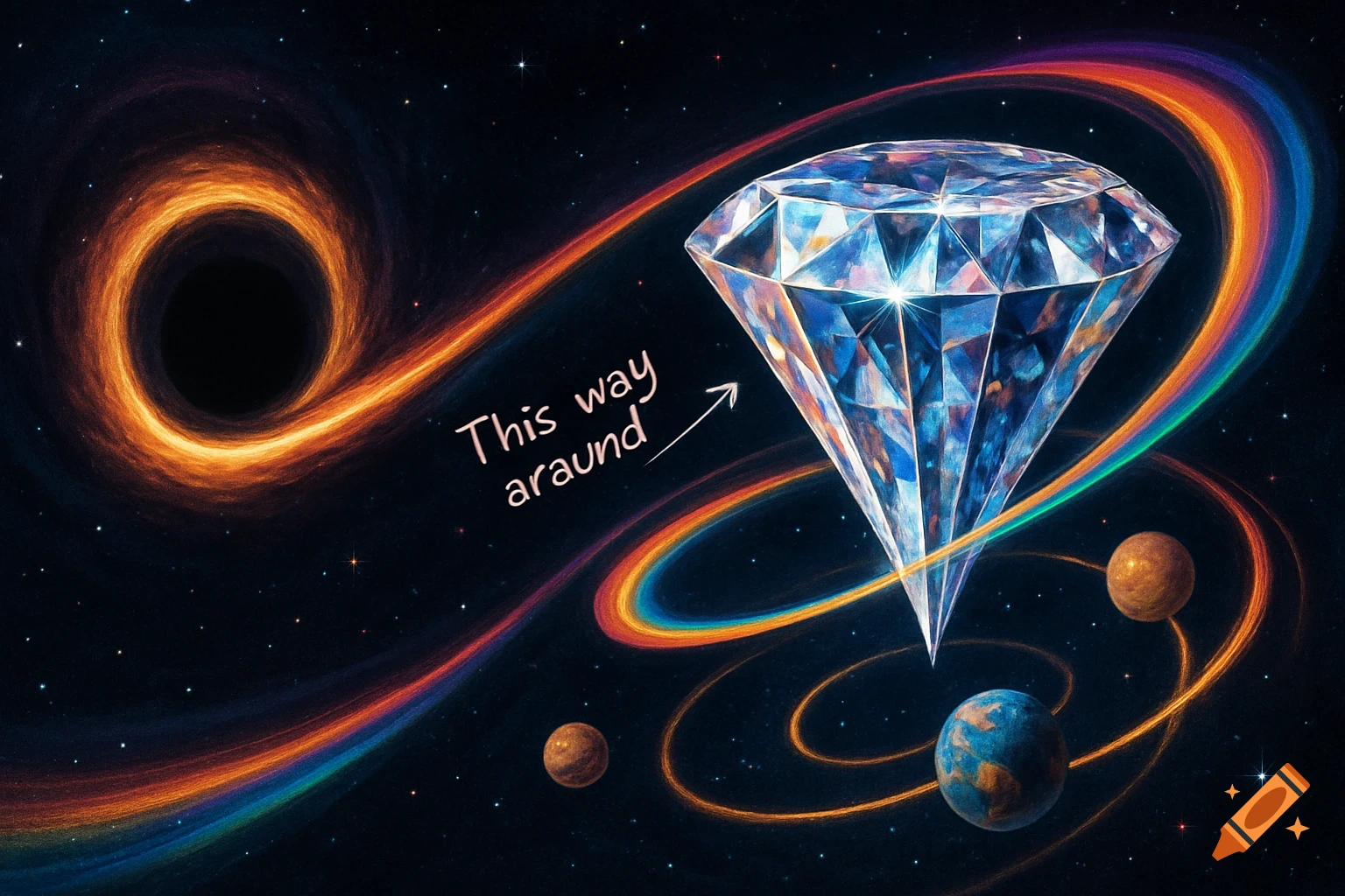 A luminous, multifaceted diamond-like object in space, with a black hole and planets orbiting it, and colorful light trails. Text says 'This way around'.