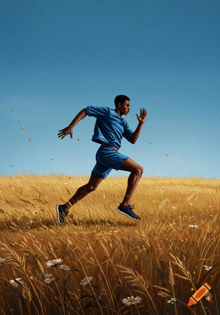 A Black man runs through a golden field under a clear blue sky, with wildflowers in the foreground. Stylized illustration.