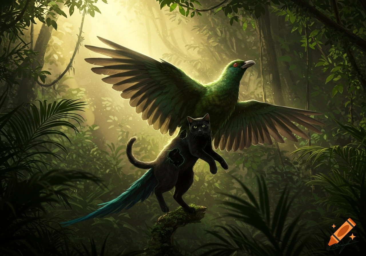A large green bird with a black cat emerging from its belly and a blue feathered tail, in a sunlit jungle.