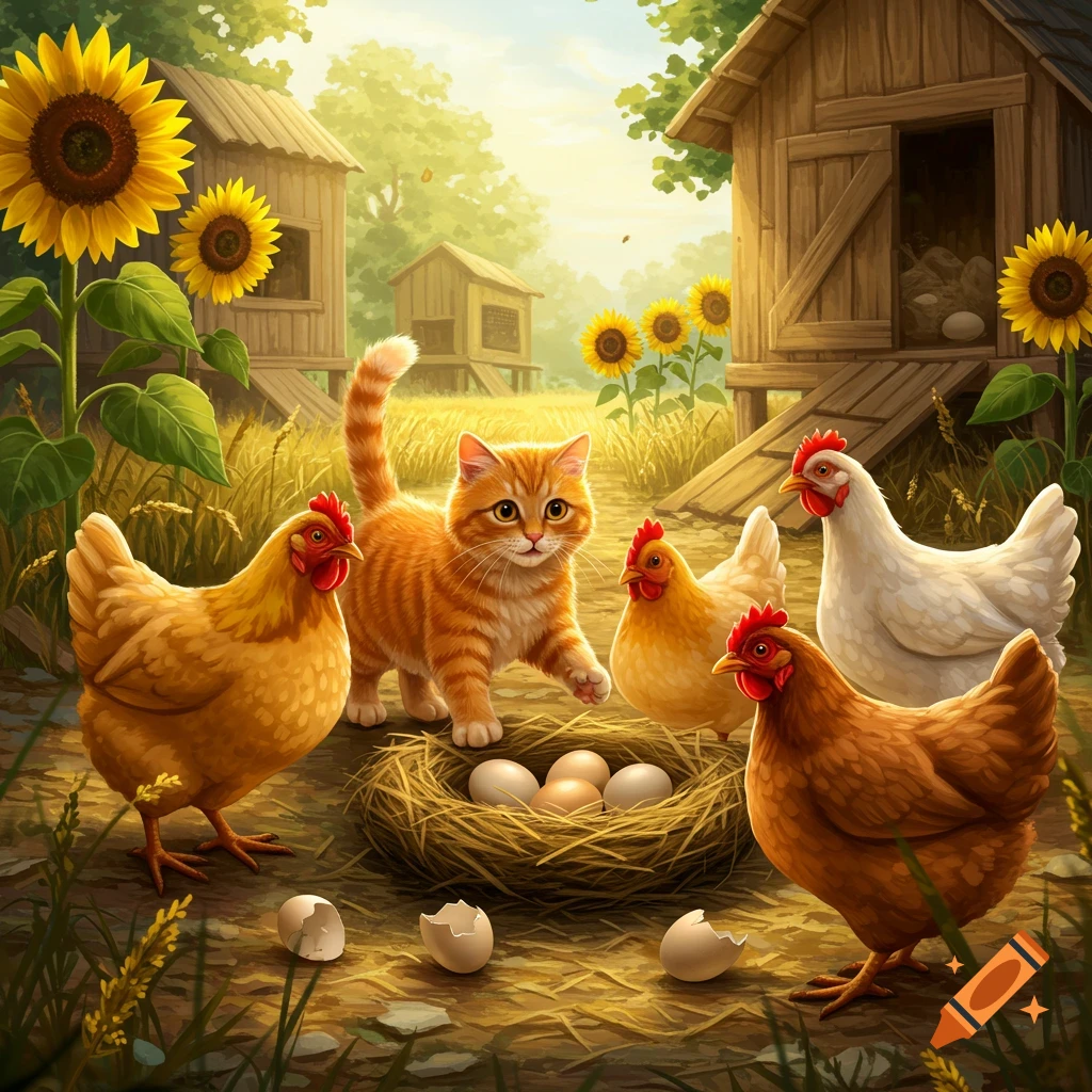 An orange tabby cat stands by a nest of eggs, surrounded by chickens and sunflowers on a sunny farm.