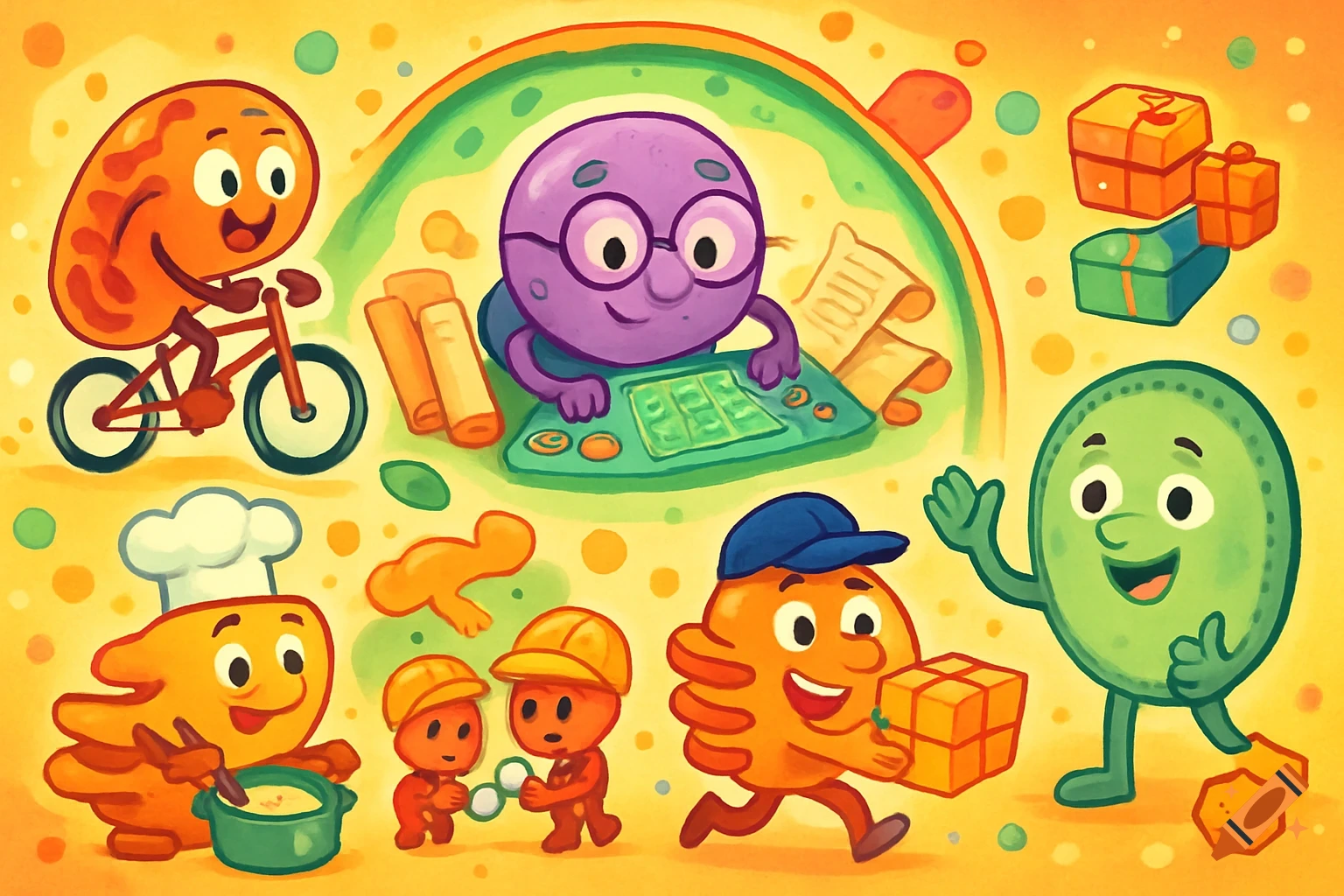 Colorful cartoon characters resembling organelles are depicted performing various activities like biking, typing, cooking, and carrying gifts.