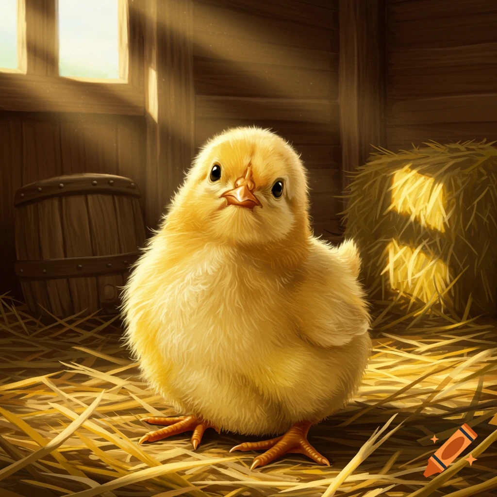 A fluffy yellow baby chick stands on hay inside a rustic barn, illuminated by sunlight streaming through a window.
