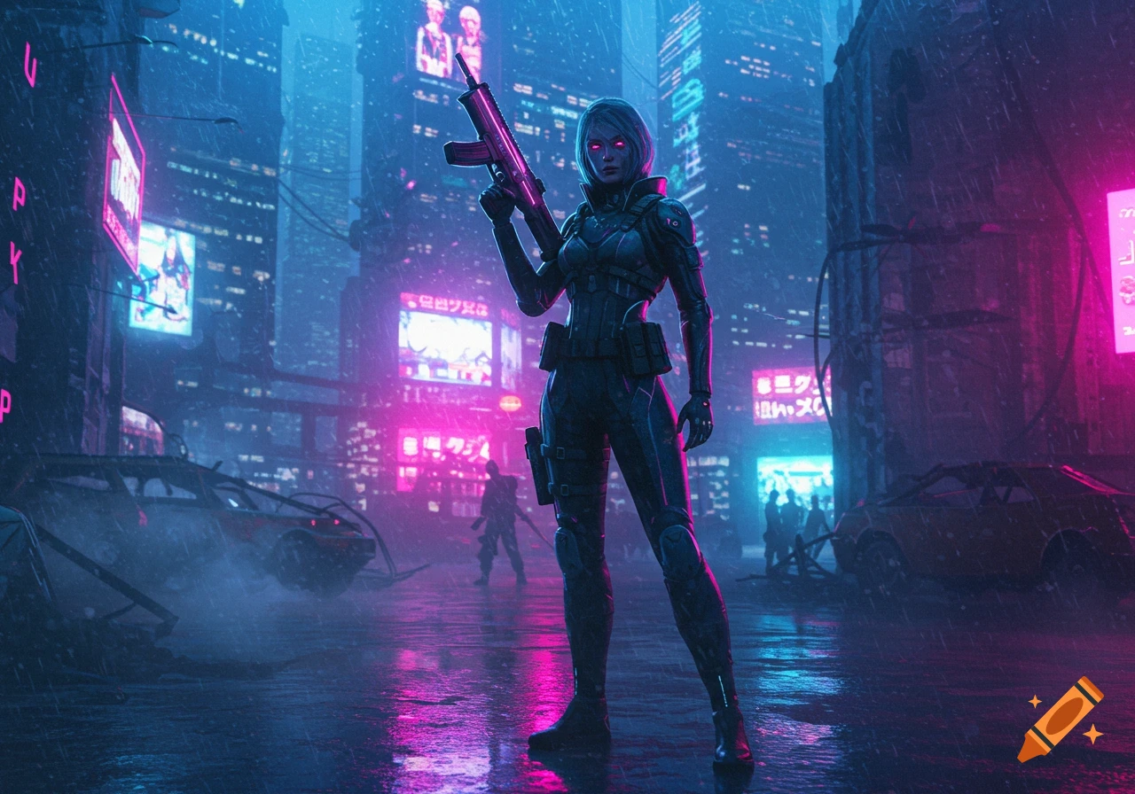 A woman with glowing eyes and a rifle stands in a neon-lit, rainy cyberpunk city with crashed cars.