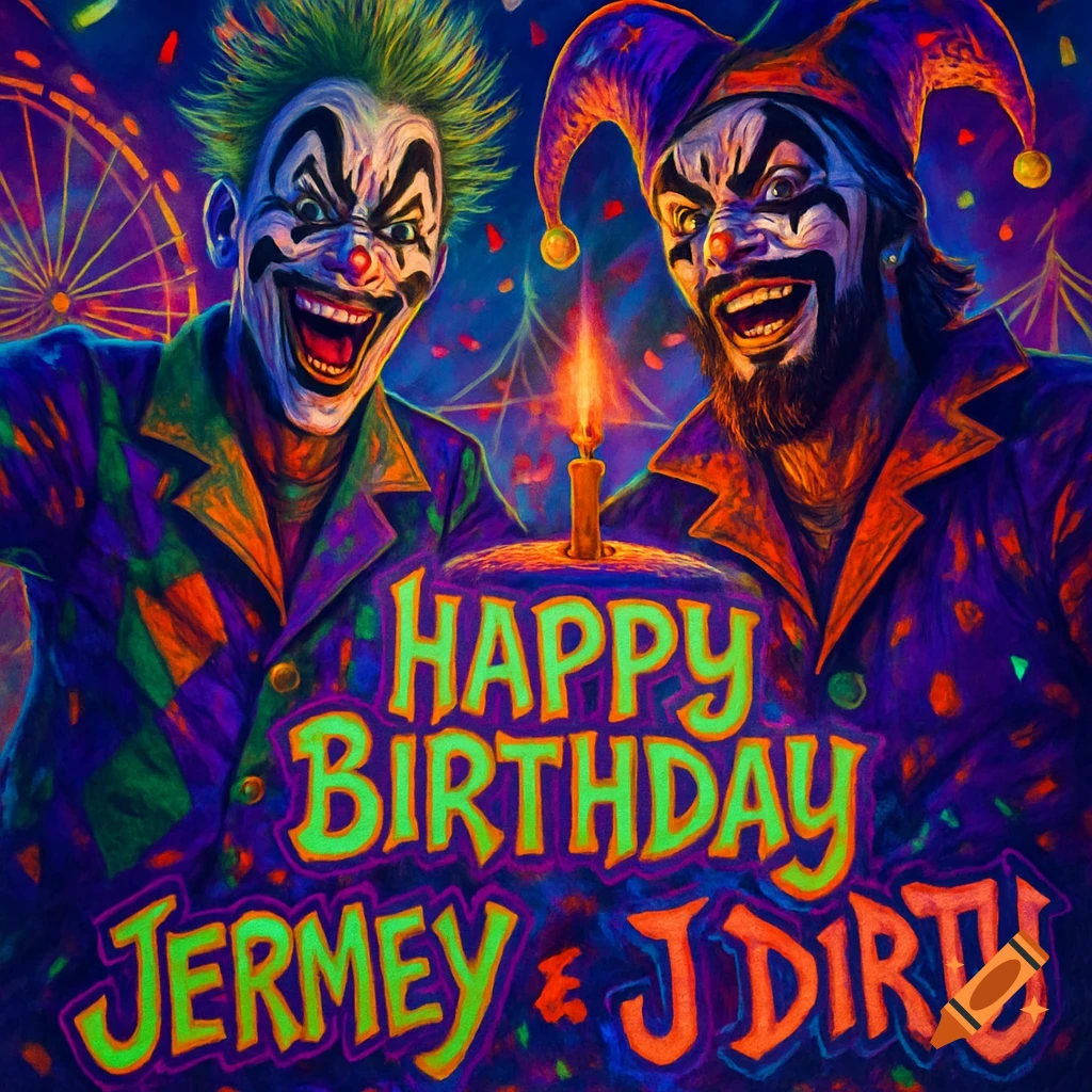 Two smiling clowns/jesters with painted faces hold a birthday cake with a lit candle, in a vibrant, horrorcore art style.