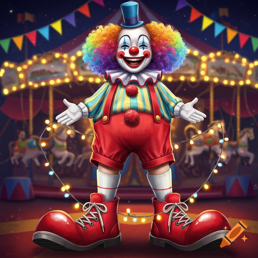 A cheerful clown with a rainbow afro, blue hat, striped shirt, red shorts, white socks, and oversized red shoes stands in a colorful circus tent.