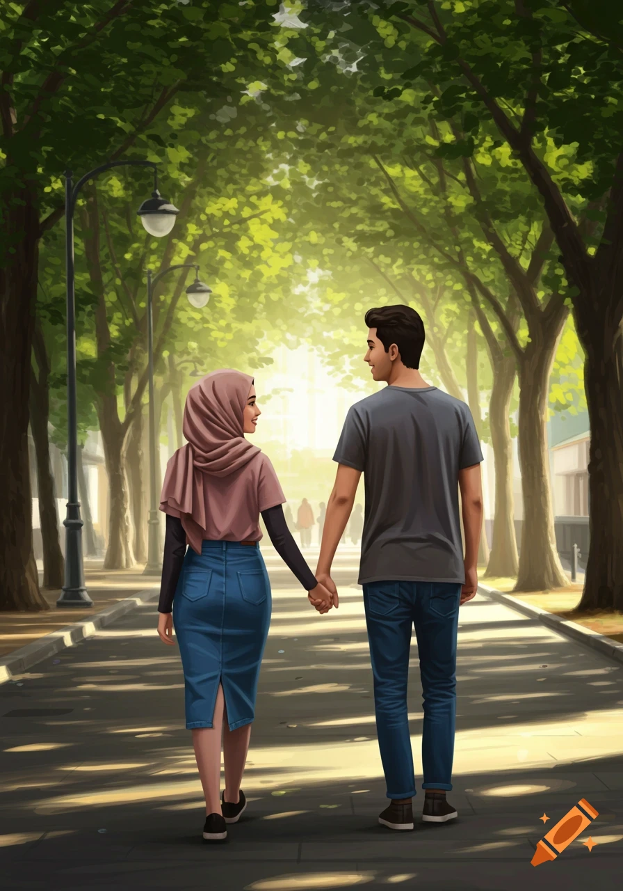 An illustration of a Muslim couple holding hands and walking away from the viewer on a sunlit, tree-lined path.