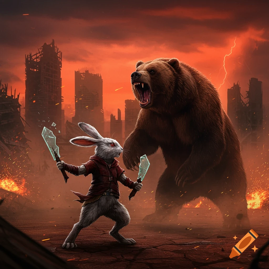 A white rabbit with two broken glass weapons confronts a roaring brown bear in a ruined, fiery post-apocalyptic city under a red sky.
