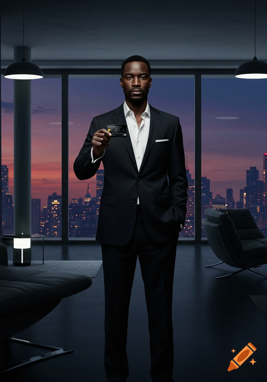 A man in a suit holds up a black credit card in front of a city skyline at dusk.