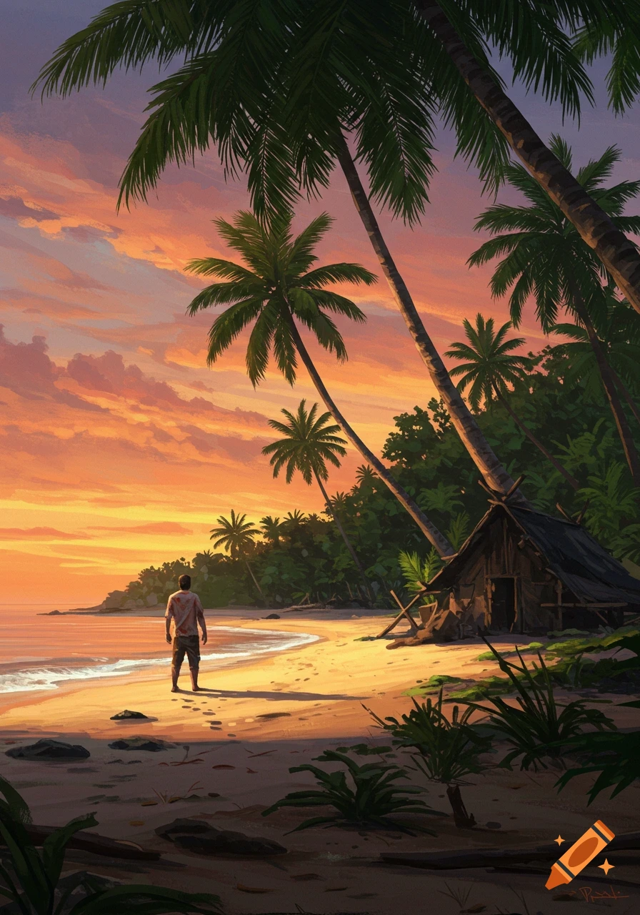 A man stands on a sandy beach looking out at the ocean under a vibrant sunset sky, surrounded by palm trees and a small hut in a digital painting style.