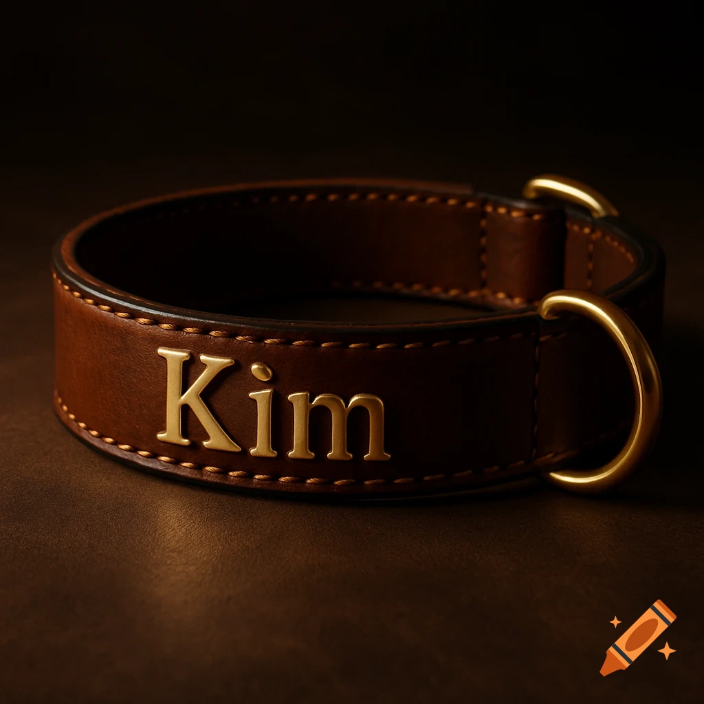 Close-up of a brown leather pet collar with the name 'Kim' embossed in gold letters, against a dark background.