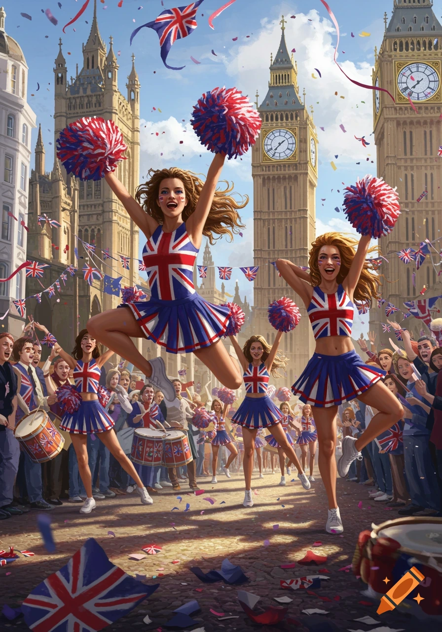 Several cheerleaders in Union Jack outfits jump and dance during a lively parade in front of Big Ben in London, with confetti and flags falling.