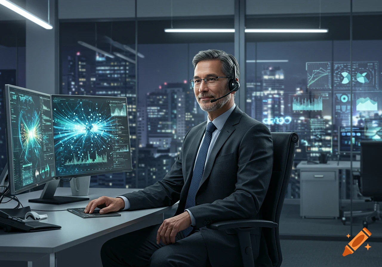 Photorealistic image of a man in a suit and headset at a desk with data monitors in a modern office, city skyline at night.