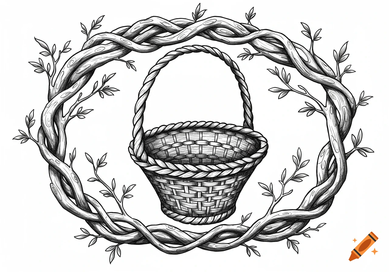 A black and white drawing of a woven basket framed by intertwining vines and leaves.