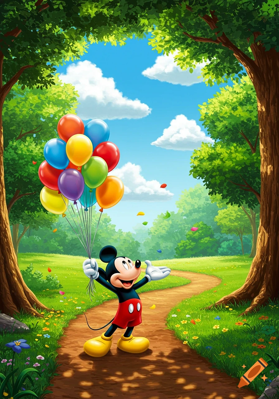 Mickey Mouse stands on a path in a vibrant forest, happily holding a large bunch of colorful balloons.