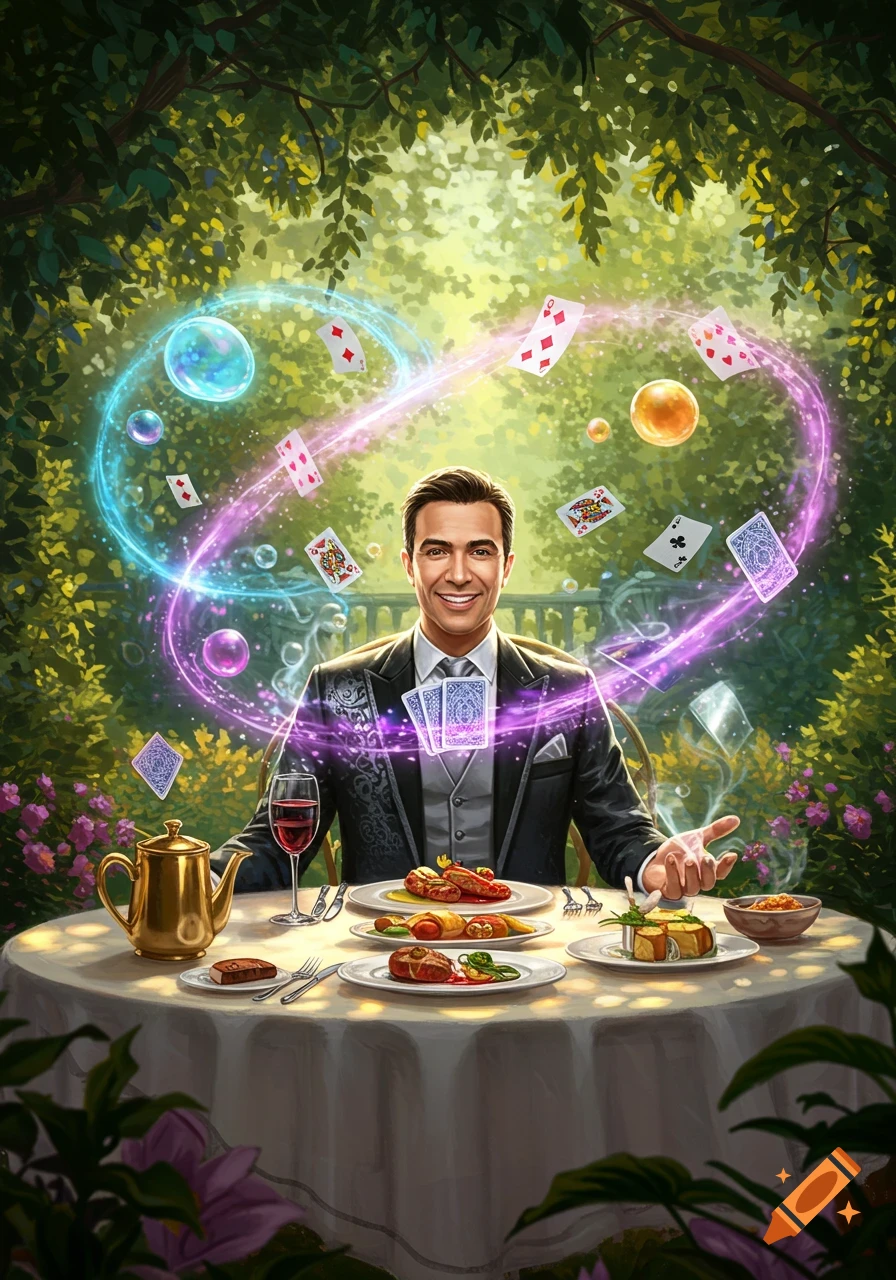 A smiling man performs magic with floating playing cards around a dining table in a vibrant garden, in an illustrative style.