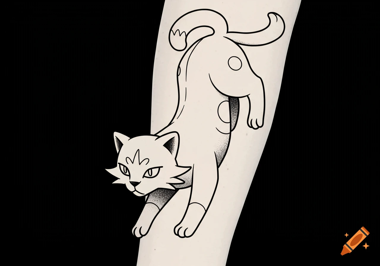 A black and white stylized tattoo of a Pokémon Persian cat crawling up a limb, with dot-work shading.