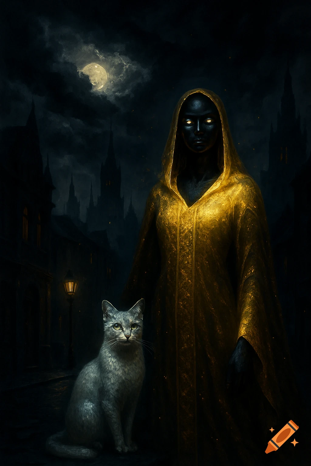 A dark figure in a golden robe with glowing eyes stands next to a gray cat on a dark city street under a full moon.