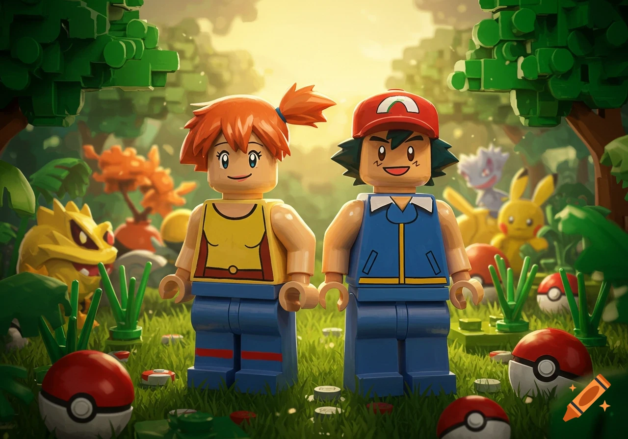 Lego minifigures of Ash Ketchum and Misty standing in a blocky, lush forest with Pokeballs and other Pokemon in the background.