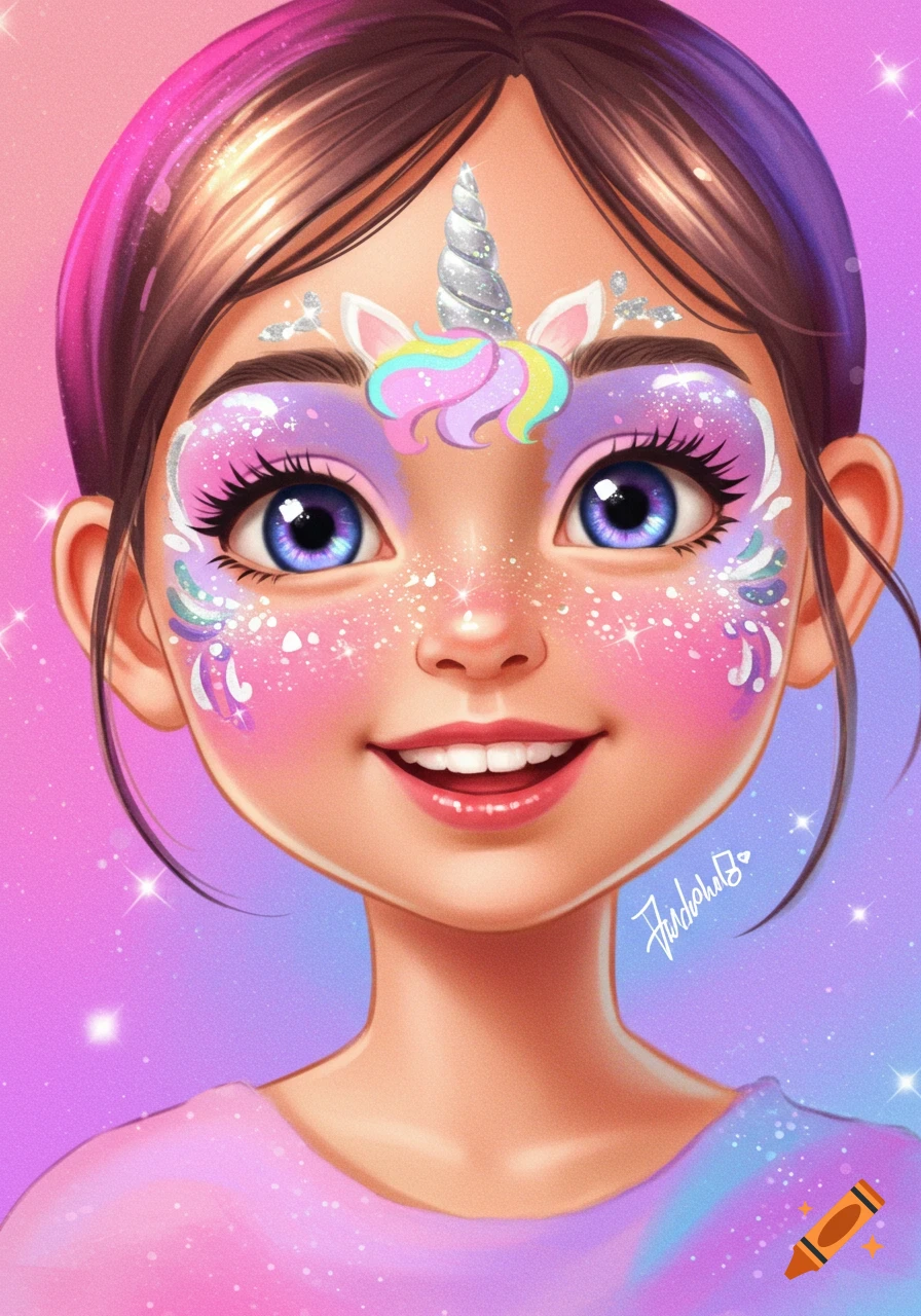 A cartoon girl with colorful unicorn face paint and sparkly makeup, smiling.