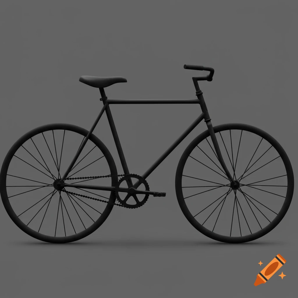 A minimalist 3D render of a black bicycle on a gray background.