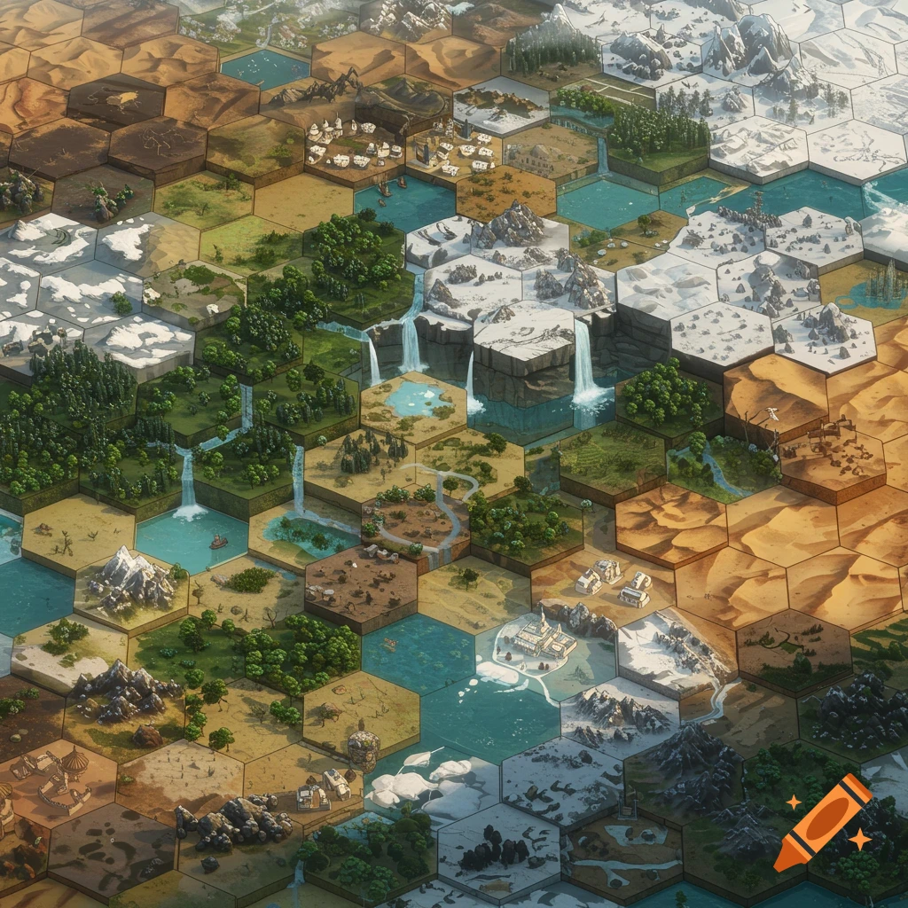 An isometric view of a detailed hexagonal map showing deserts, forests, mountains, rivers, waterfalls, and small settlements.