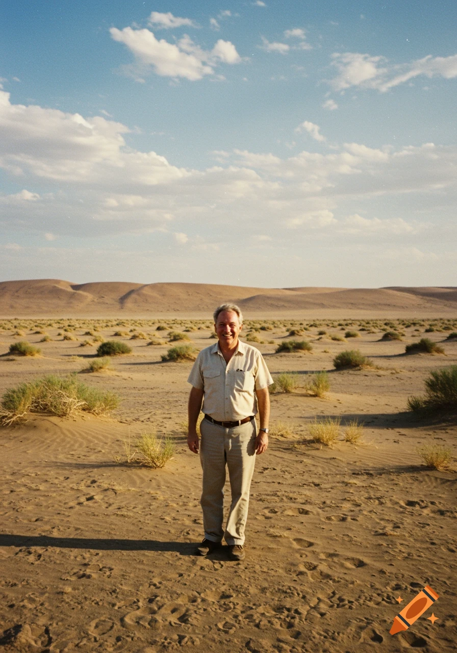 Middle-aged man smiling in a vast desert landscape under a blue sky, VHS still.