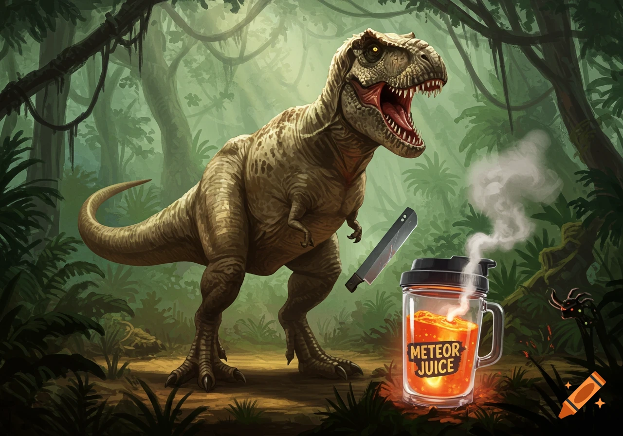 An illustrated T-Rex with a knife in a jungle, next to a blender bottle labeled 'METEOR JUICE'.
