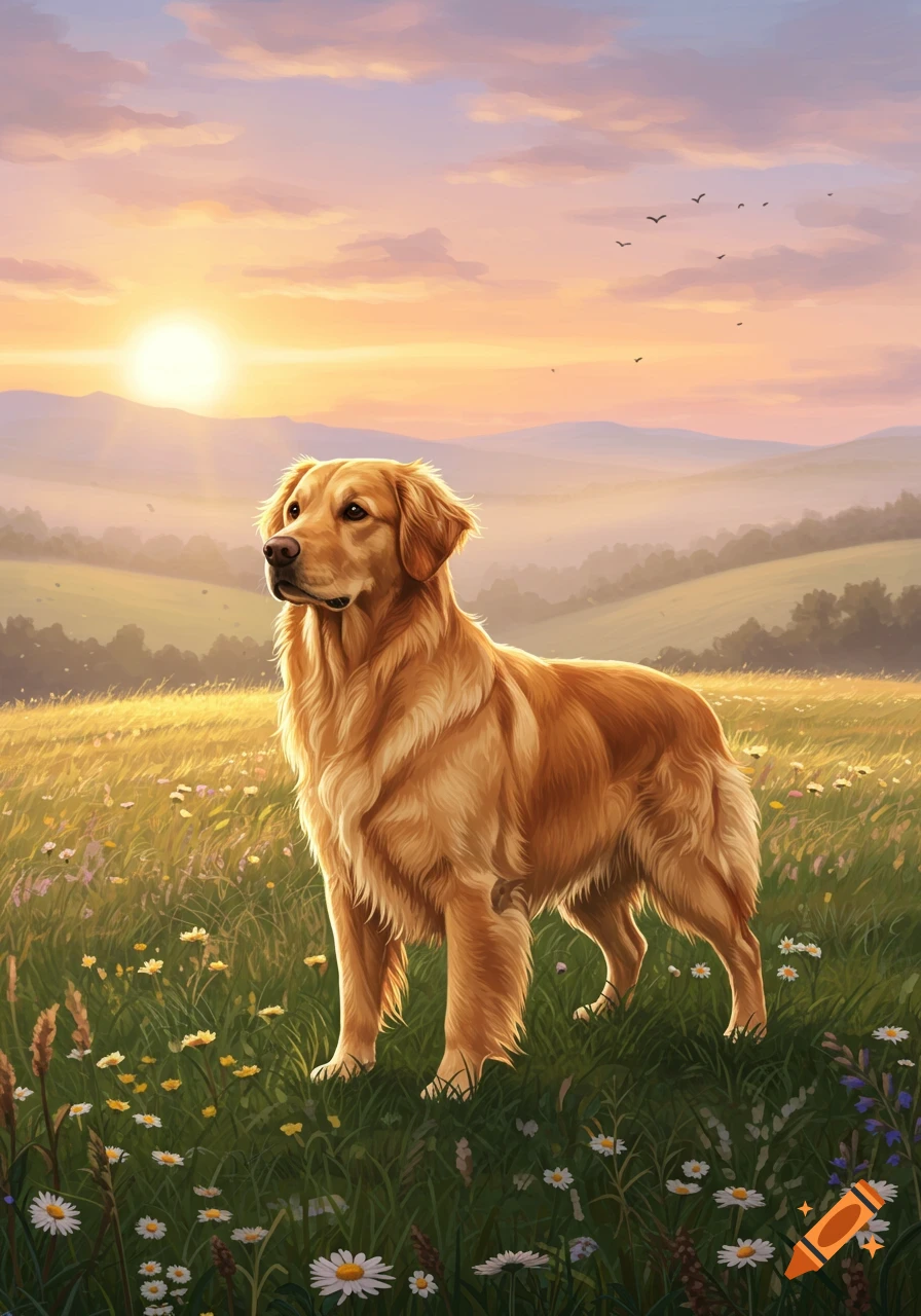 A golden retriever stands in a field of wildflowers at sunset, with rolling hills in the background in an illustrative style.
