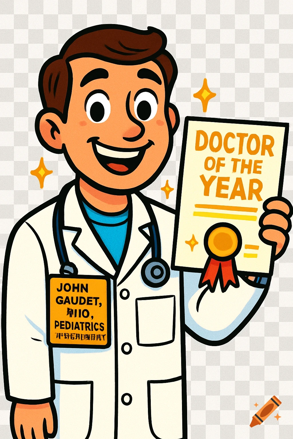 A smiling cartoon doctor with brown hair holds a "Doctor of the Year" certificate and wears a nametag. Bold, colorful style.