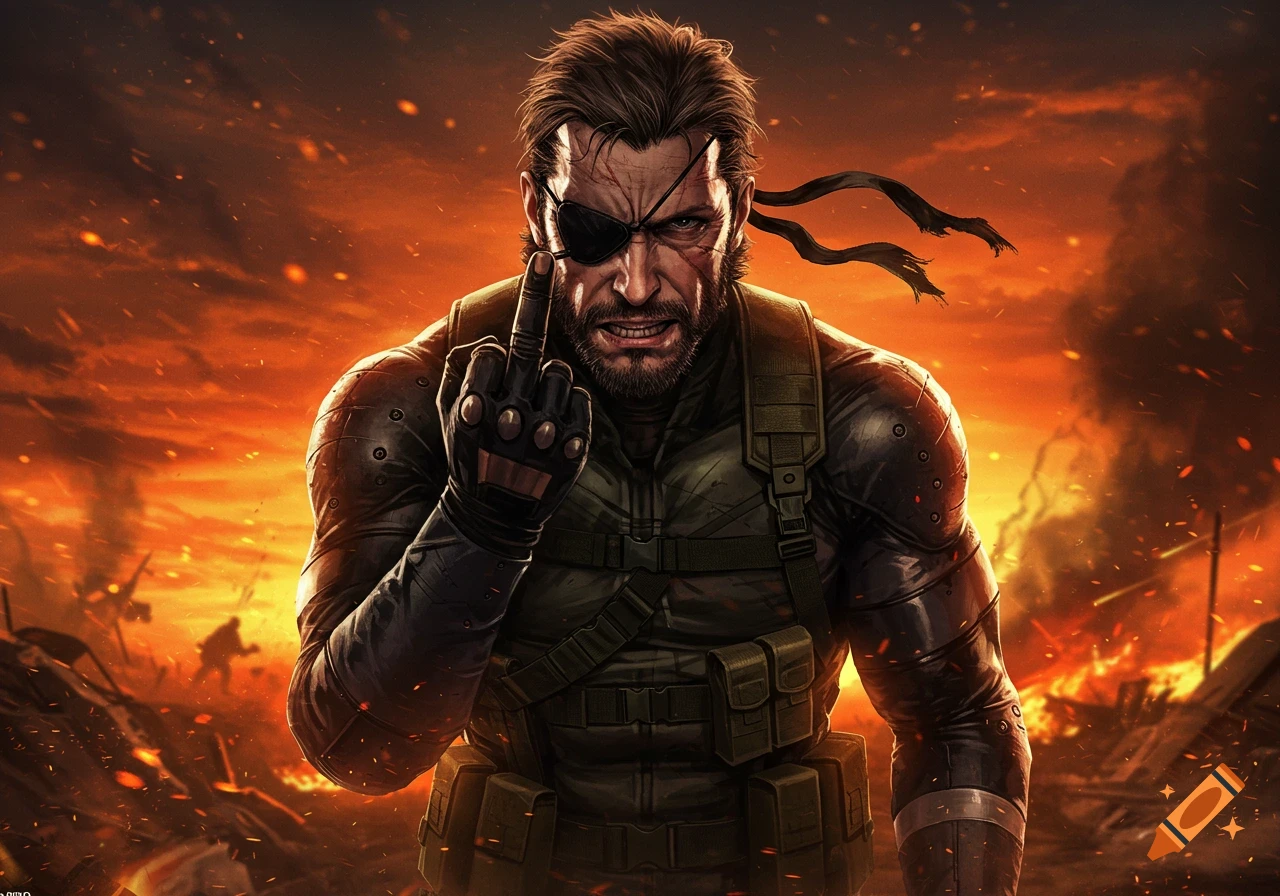 A fierce illustration of Venom Snake from Metal Gear Solid 5, an eyepatch-wearing soldier, giving the middle finger against a fiery, war-torn background.
