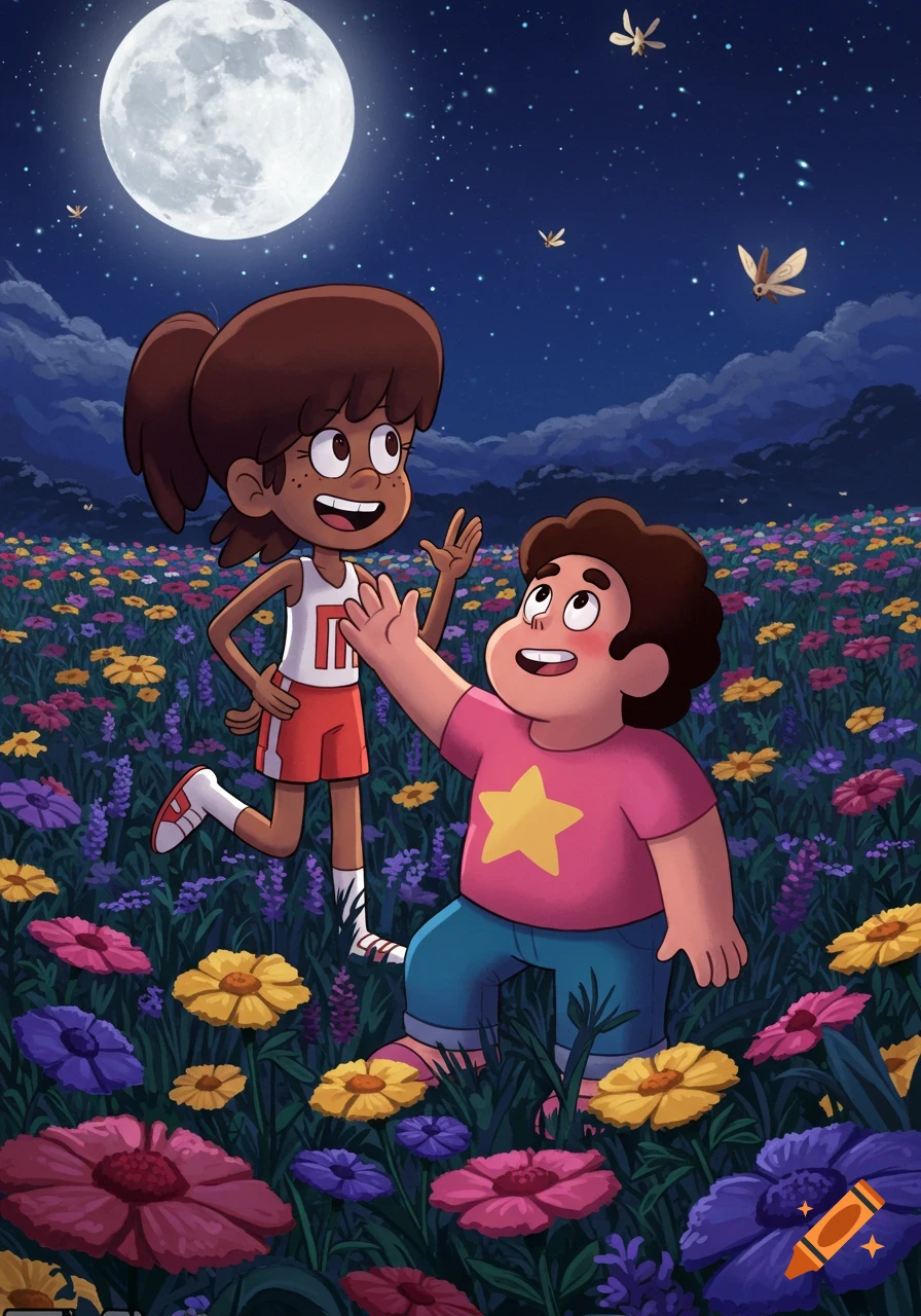 Cartoon characters Lynn Loud Jr. and Steven Universe stand in a field of colorful flowers under a bright full moon and starry night sky.