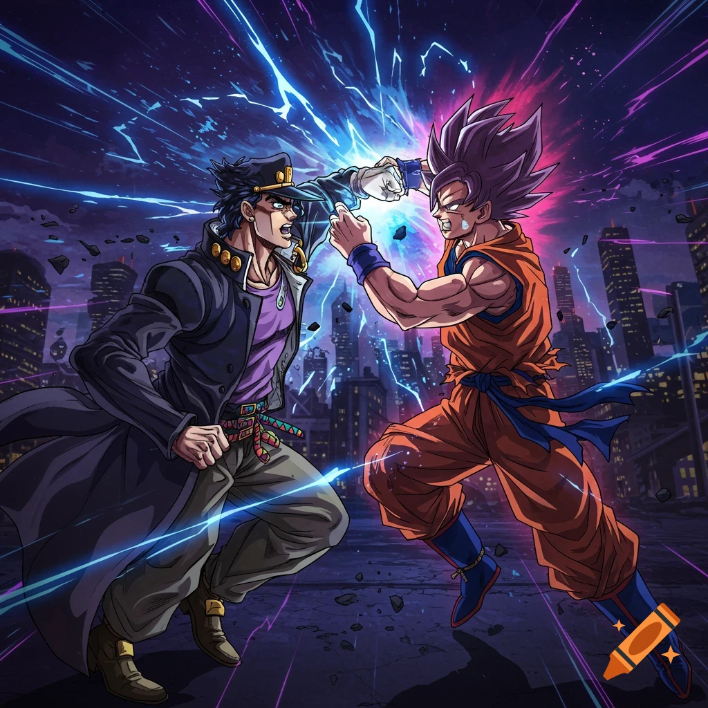 Jotaro Kujo battles Goku amidst glowing energy blasts in a dark, stylized city.