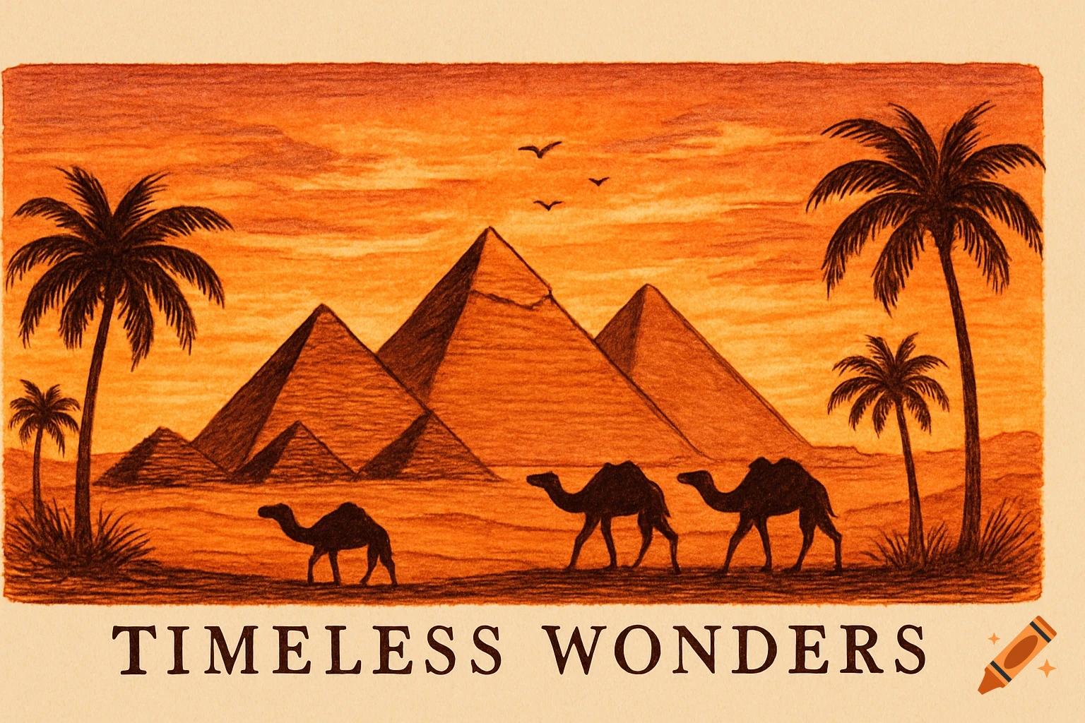 Hand-drawn illustration of Giza pyramids at sunset with camels, palm trees, and birds, and 'Timeless Wonders' text.