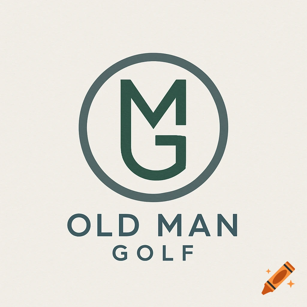 A minimalist logo with a dark green 'MG' monogram inside a dark gray circle, above the text 'OLD MAN GOLF' in dark gray on an off-white background.