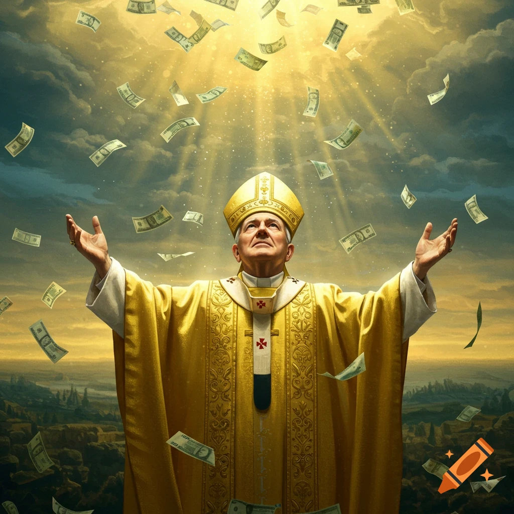 A pope in golden robes and miter raises his hands as money falls from a radiant sky, a landscape below.