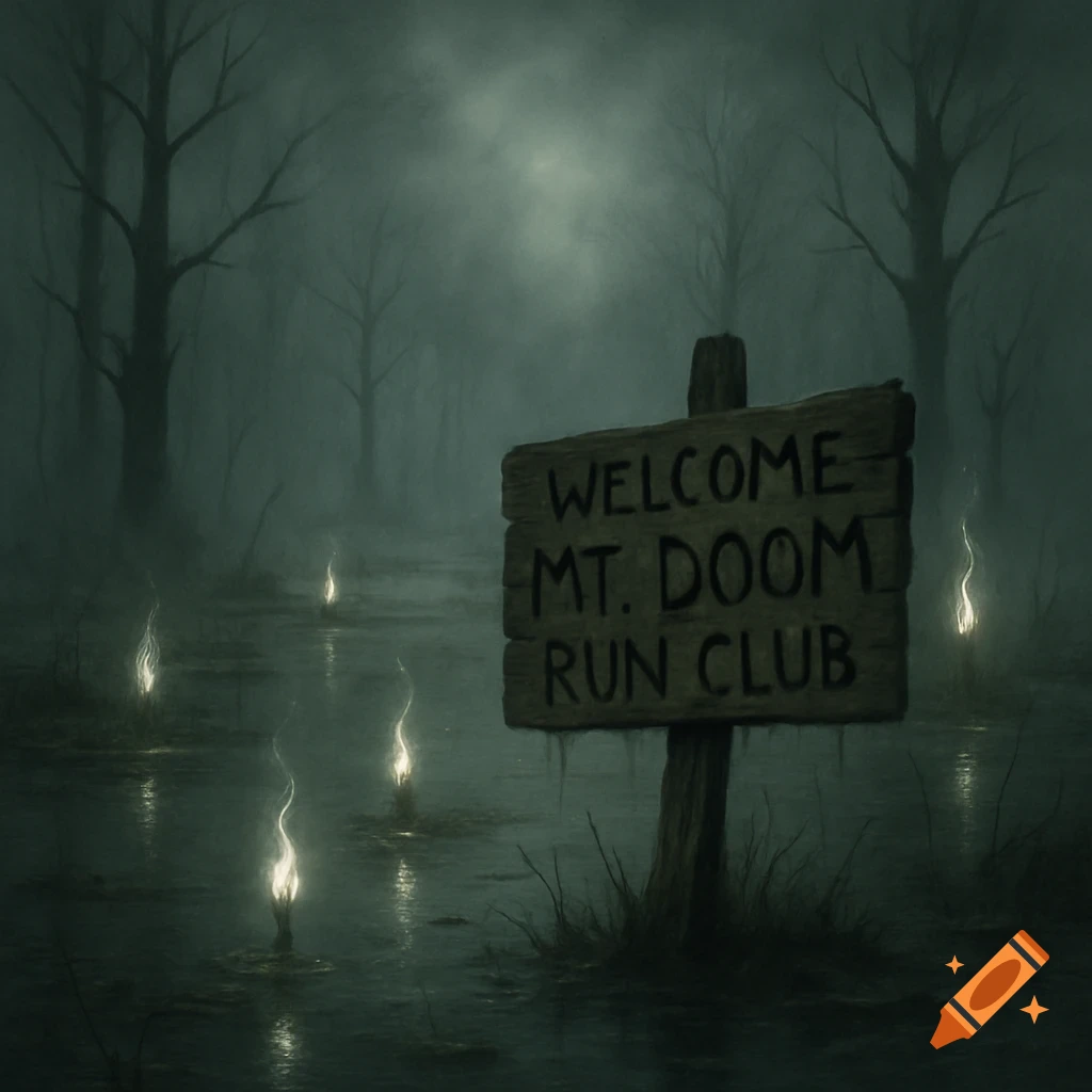 A dark, misty swamp with bare trees and flickering lights. A wooden sign reads 'WELCOME MT. DOOM RUN CLUB'.